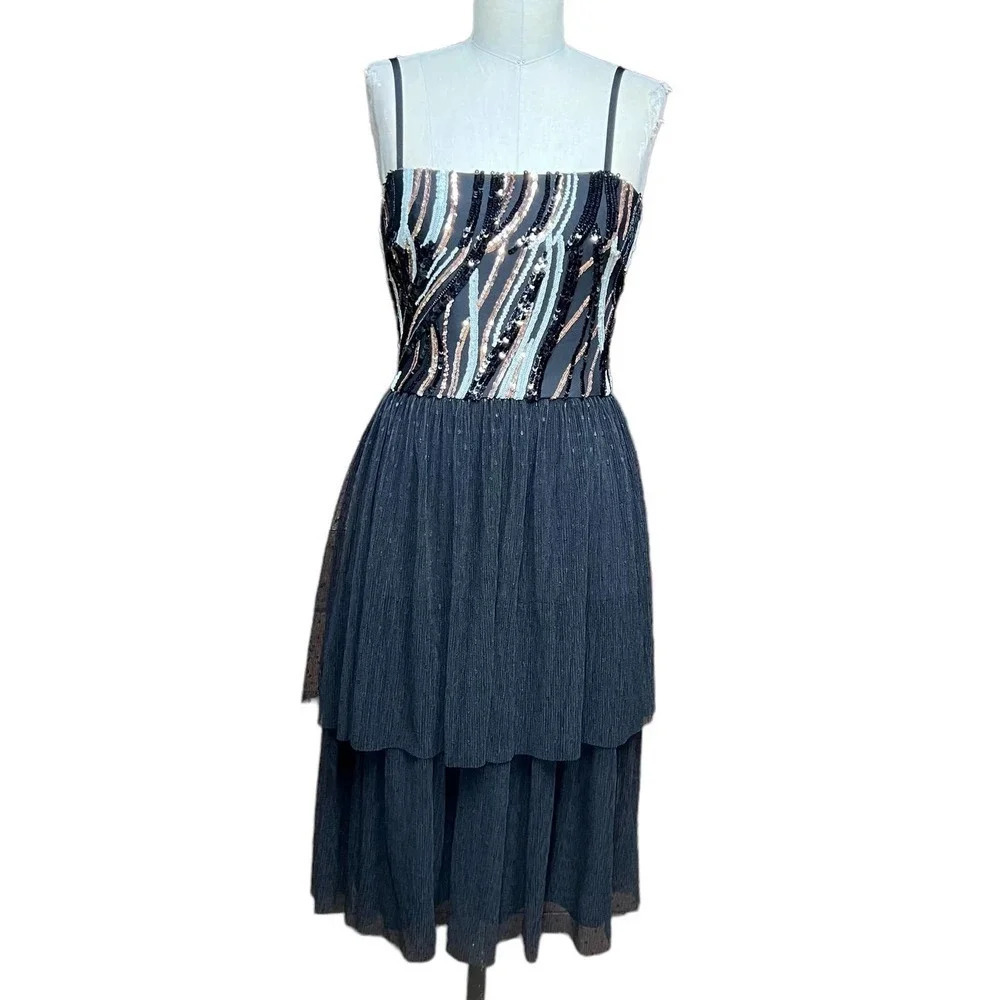 Dress The‎ Population Block Print Tiered Sequin Tulle Dress Size Small